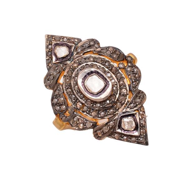 Victorian Jewelry, Silver Diamond Ring With Rose Cut Diamond And Polki Diamond In 925 Sterling Silver Gold, Black Rhodium Plating. J-996