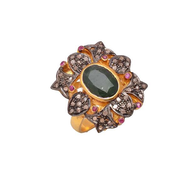Victorian Jewelry, Silver Diamond Ring With Rose Cut Diamond And Emerald Stone Studded  In 925 Sterling Silver Gold, Black Rhodium Plating. J-997