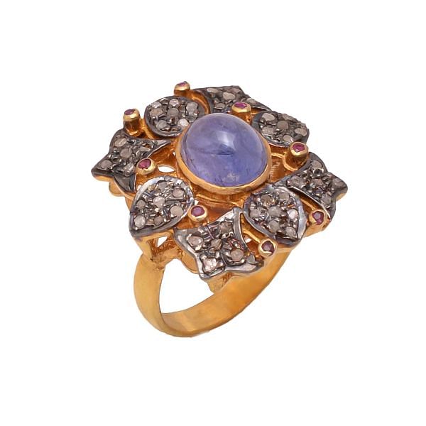 Victorian Jewelry, Silver Diamond Ring With Rose Cut Diamond And Tanzanite, Ruby Stone Studded In 925 Sterling Silver Gold, Black Rhodium Plating. J-998