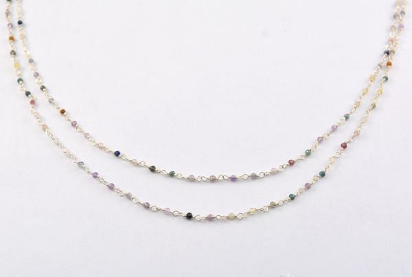 925 Sterling Silver Gold Rosary Chain in Round Shape With Multi Stone, Sold By foot - 2mm Size