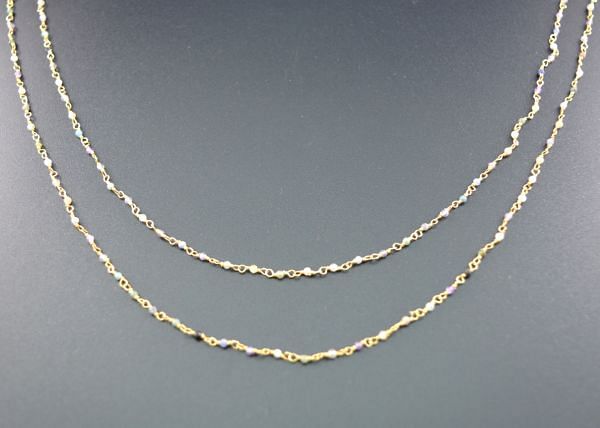 925 Sterling Silver Gold Rosary Chain in Round Shape With Multi Stone, Sold By foot - 2mm Size