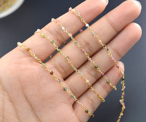 Beautiful 925 Gold Silver Rosary Chain Studded With Muti Tourmaline Stone,Sold By Foot - Round in shape(2.00 mm)  ROS2-5003