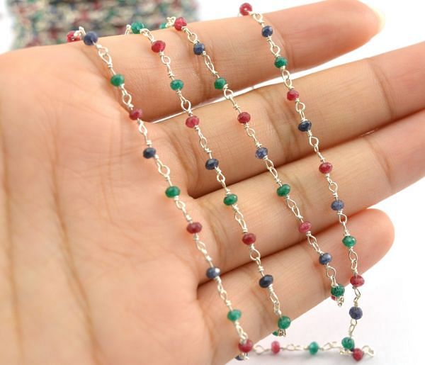 
Handcrafted 925 Sterling Silver Gold Rosary Chain With Hydro Emerald,Ruby,Sapphire Stone,Sold By Foot  - 2.00mm Size, ROS2-5006