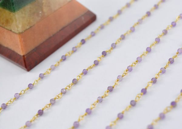  Rosary Chain Studded With Amethyst Stone in 2mm size, Sold By Foot - 925 Sterling Silver Gold,ROS2-5008
