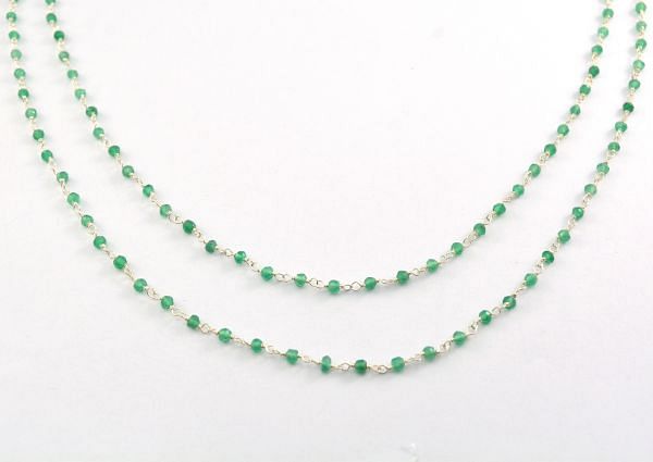 Handmade 925 Sterling Silver Gold Rosary Chain Studded With Green Onyx, Sold By foot - 2mm Size 