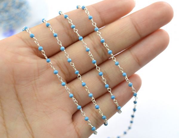  925 Sterling Silver Round Ball Shape  Rosary Chain in 2mm Size - Turquoise Stone, ROS2-5022