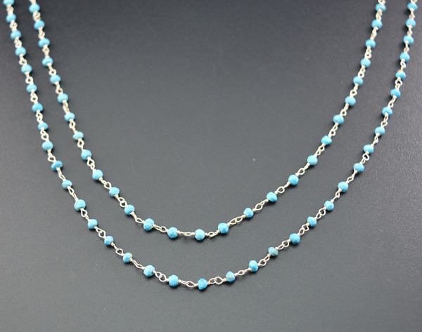 Gorgeous Turquoise 925 Sterling Silve Roundel Rosary Chain in 2mm Size, Sold By Foot