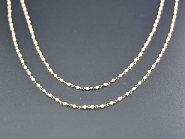 925 Sterling Silver Gold Rosary Chain Studded With Pearl Stone, Sold By Foot - 2mm,ROS2-5025 
