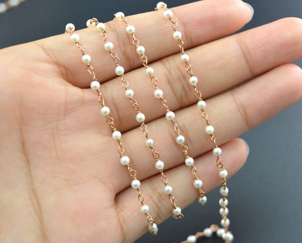925 Sterling Silver Gold Rosary Chain Studded With Pearl Stone, Sold By Foot - 2mm,ROS2-5025 