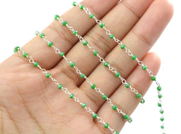 925 Sterling Silver Gold Wire Wrapped Rosary Chain With Green Chalcedony Coted - 2mm Size