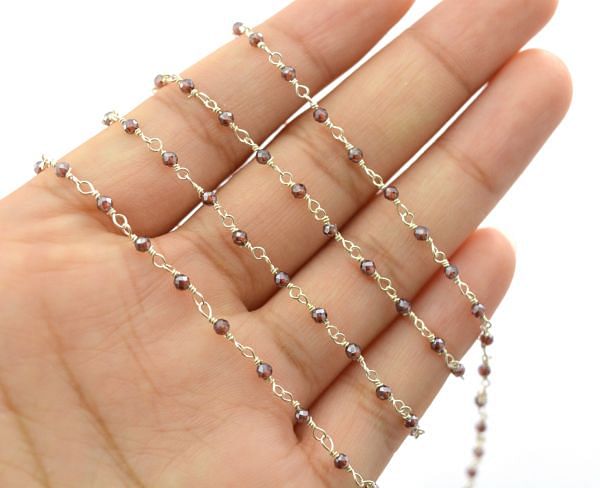 925 Sterling Silver Gold Round  Rosary Chain Studded With Garnet Coated - 2.00mm Size,  ROS2-5041