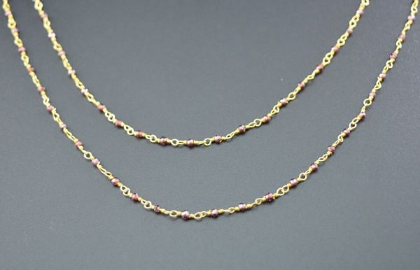 925 Sterling Silver Gold Round  Rosary Chain Studded With Garnet Coated - 2.00mm Size,  ROS2-5041