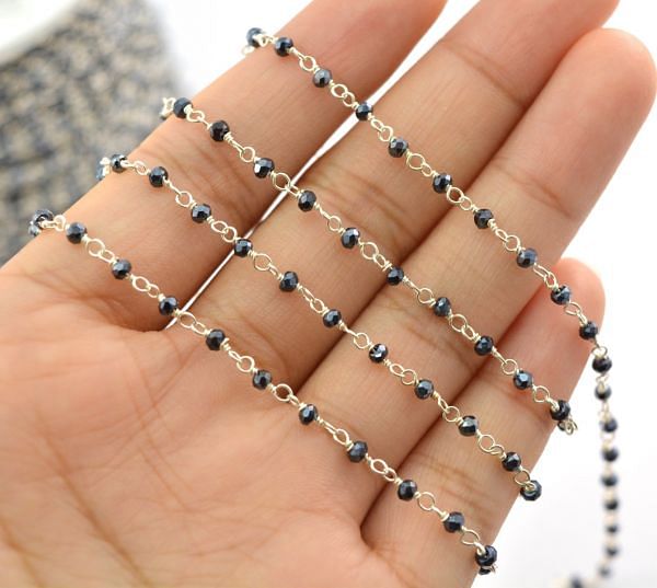 Gorgeous 925 Sterling Silver Gold Rosary Chain With Black Spinel Coated Stone - 2.00mm,ROS2-5045