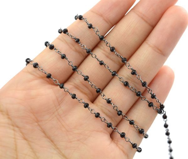 Smooth Rosary Chain in Round Shape With Black Spinel - 925 Sterling Silver Gold, ROS2-5049