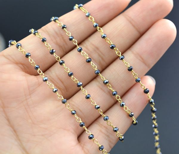 Handmade 925 Sterling Silver Rosary Chain With Black Spinel Coated in Round Ball Shape - 2mm ,ROS2-5053 
