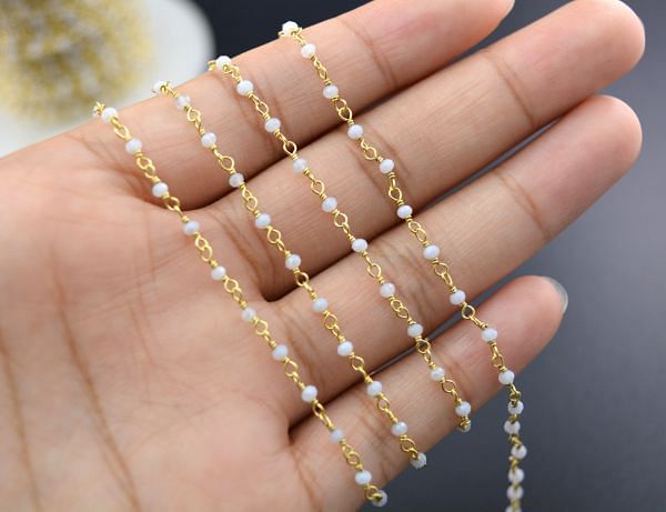 925 Sterling Silver Gold Rosary Chain in Round Shape With Light Blue Chalcedony Stone,2.00 mm - ROS2-5056 