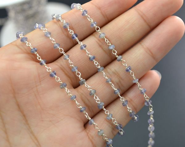 Amazing 925 Sterling Silver Gold Round Rosary Chain Studded With Lolite Stone in 2mm, Sold By Foot, ROS2-5060