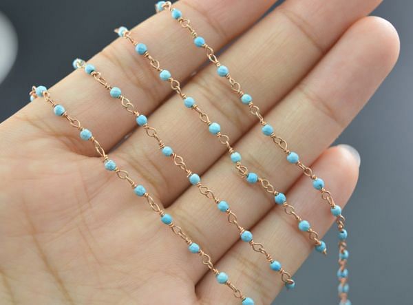 925 Sterling Silver Gold Rosary Chain With Round Ball Shape - Turquoise Stone(2mm), ROS2-5063