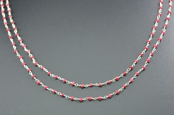 Silver 925 Sterling Gold Round Shape Rosary Chain With Hydro Ruby - 2mm ,Sold By Foot, ROS2-5068 