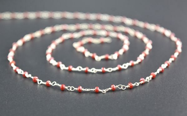 Handmade 925 Sterling Silver Round Ball Shape Rosary Chain With Ruby chalcedony coated Stone,2mm - Sold By Foot, ROS2-5070