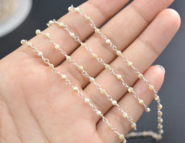 Gorgeous 925 Sterling Silver Rosary Chain in Round Ball Shape With Mother Of Pearl - 2mm, ROS2-5072