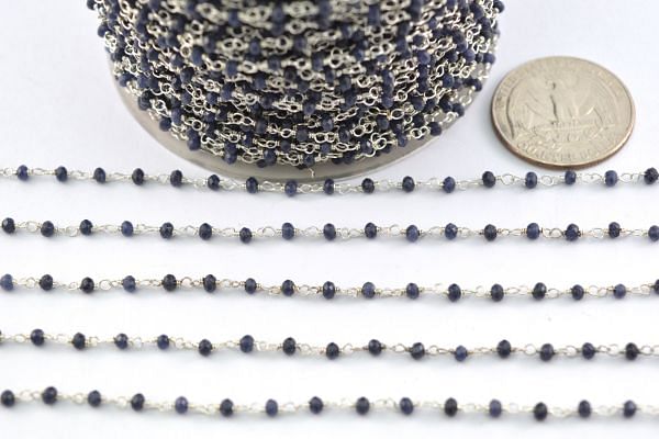 Handcrafted 925 Sterling Silver Gold Rosary Chain Studded With Blue Sapphire Stone - Round in shape(2mm), ROS2-5076