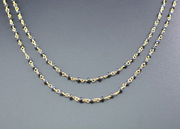 Handcrafted 925 Sterling Silver Gold Rosary Chain Studded With Blue Sapphire Stone - Round in shape(2mm), ROS2-5076