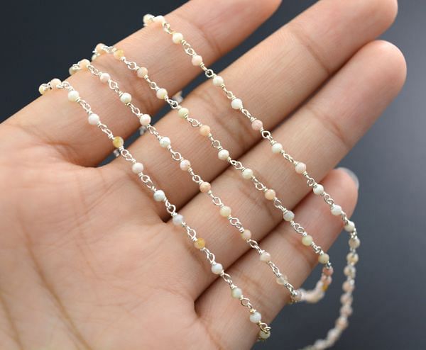 925 Sterling Silver Pink Opal Stone Rosary Chain in 2mm Size - Sold By Foot, ROS2-5078