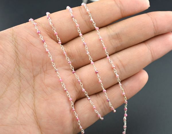 925 Sterling Silver Gold Rosary Chain With Red Coated Stone - 2mm, Sold By Foot, ROS2-5082