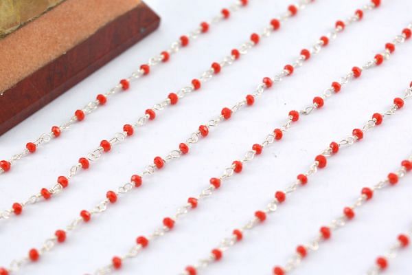 925 Sterling Silver Rosary Chain Studded With Hydro Red Chalcedony - 2mm,Sold By Foot, ROS2-5090  
