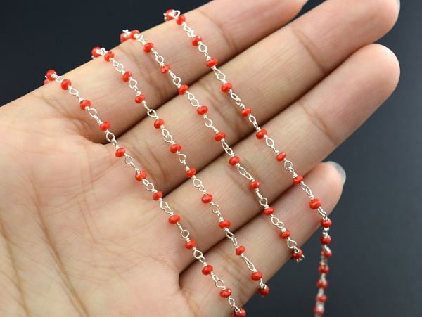 925 Sterling Silver Rosary Chain Studded With Hydro Red Chalcedony - 2mm,Sold By Foot, ROS2-5090  