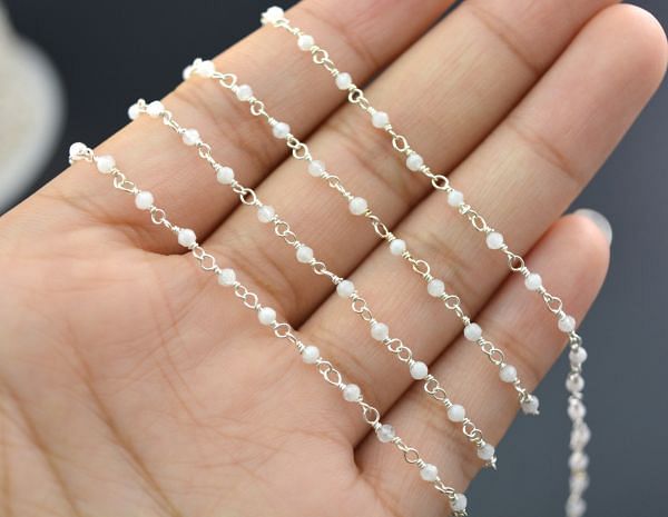 Gorgeous 925 Sterling Silver Gold Rosary Chain With Rainbow Moonstone in 2mm Size, Sold By Foot, ROS2-5093