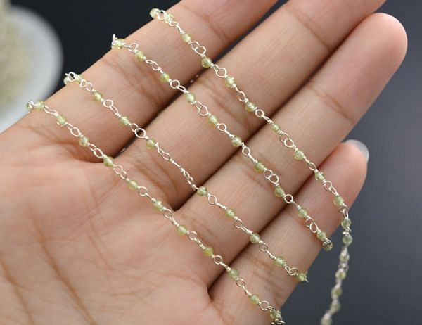 Amazing 925 Sterling Silver Gold Rosary Chain Studded With Peridot Stone in Round Shape - 2mm,Sold By Foot, ROS2-5098 