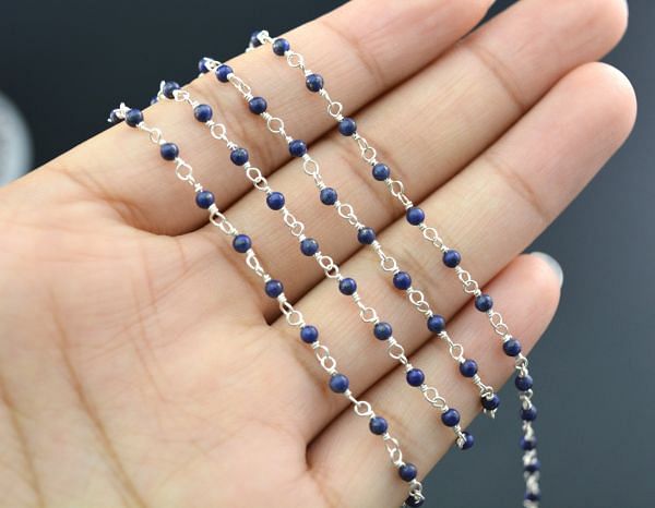 Handcrafted 925 Sterling Silver Gold Rosary Chain With Lapis Stone in 2mm - Sold By Foot, ROS2-5107