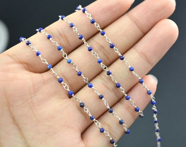 925 Sterling Silver Wire Wrapped Rosary Chain With Lapis Stone - 2mm,Sold By Foot. ROS2-5108