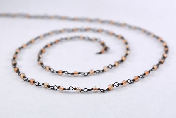 925 Sterling Silver Gold Round Shape Rosary Chains - Orange Quartz(2mm), Sold By Foot, ROS2-5113