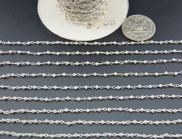 925  Sterling Silver Gold Rosary Chain Studded With Gray Chalcedony Stone - 2mm, Sold By Foot, ROS2-5115