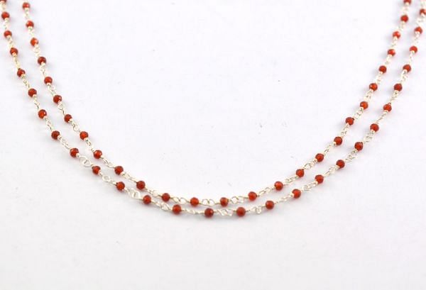 Handcrafted 925 Sterling Silver Gold Rosary Chain Studded With Cornelian Stone - 2mm, Sold By Foot, ROS2-5126