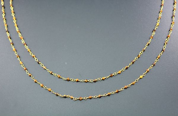 Gorgeous  925 Sterling Silver Gold Rosary Chain With Tiger Eye Stone in 2mm - Sold By Foot, ROS2-5130