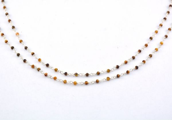 Gorgeous  925 Sterling Silver Gold Rosary Chain With Tiger Eye Stone in 2mm - Sold By Foot, ROS2-5130