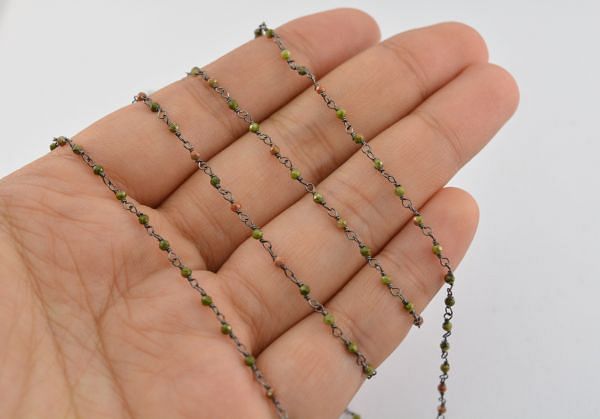 Handcrafted 925 Sterling Silver Gold Rosary Chain Studded With Unakite Stone, 2mm - Sold By Foot, ROS2-5136