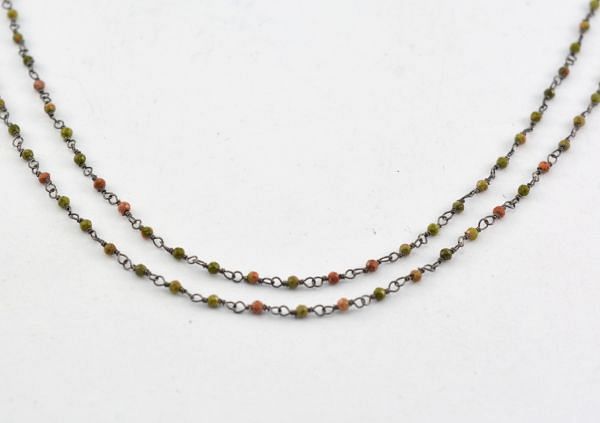 Handcrafted 925 Sterling Silver Gold Rosary Chain Studded With Unakite Stone, 2mm - Sold By Foot, ROS2-5136