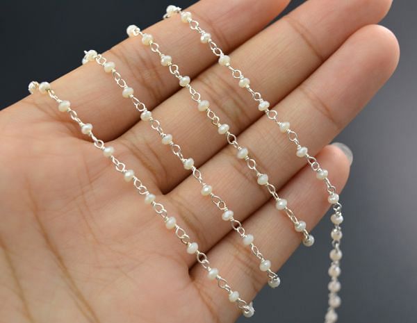 925 Sterling Silver Round Ball Shape Rosary Chain With White Chalcedony Coated Stone, 2mm - ROS2-5144