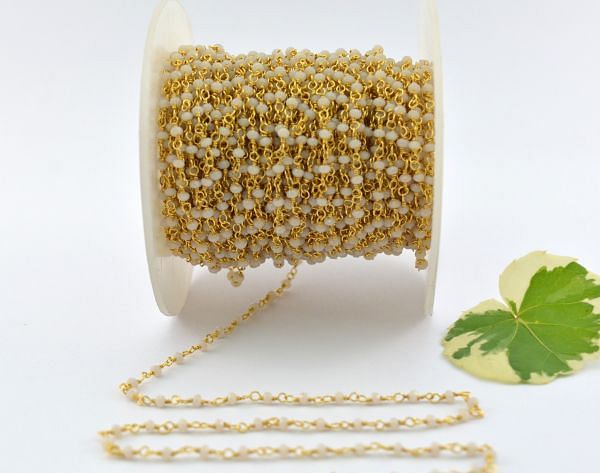 Lovely 925 Sterling Silver Gold Rosary Chain Studded With Off White Chalcedony Stone - 2mm, ROS2-5146