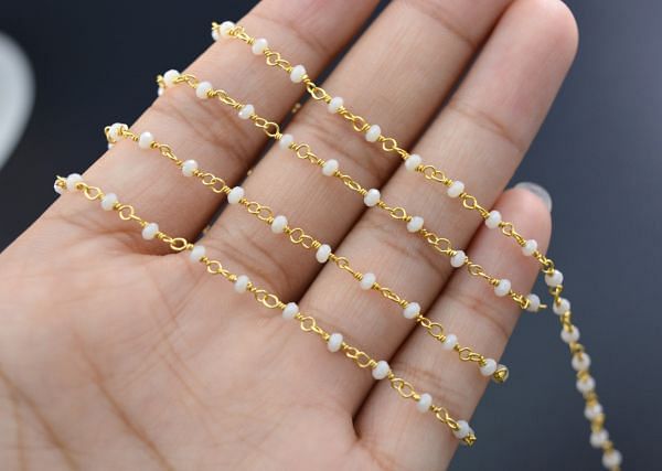 Lovely 925 Sterling Silver Gold Rosary Chain Studded With Off White Chalcedony Stone - 2mm, ROS2-5146