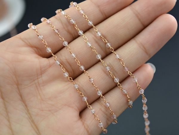 925 Sterling Silver Gold Rosary Chain With Wire Wrapped Finishing - Strawberry Quartz(2mm),Sold By Foot, ROS2-5148 