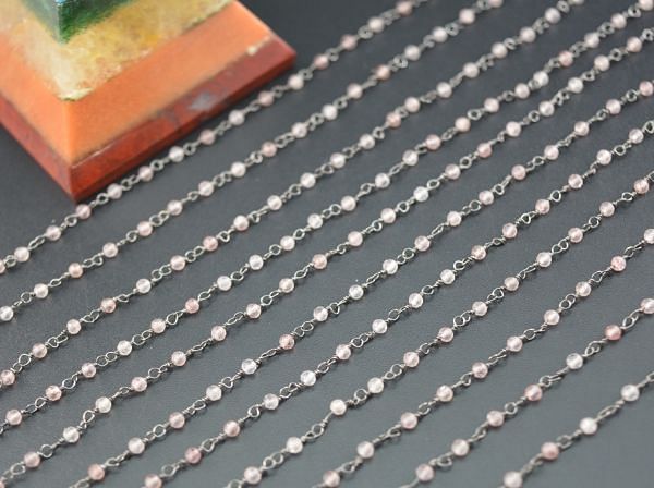 925 Sterling Silver Gold Rosary Chain With Wire Wrapped Finishing - Strawberry Quartz(2mm),Sold By Foot, ROS2-5148 