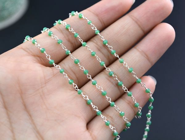 925 Gold Sterling Silver Wire Wrapped Rosary Chain With Green Chalcedony - 2mm, ROS2-5150