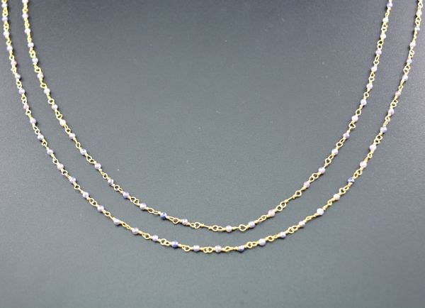 Handmade 925 Sterling Silver Gold Rosary Chain Studded With  Blue Coated , 2mm -  Sold By foot, ROS2-5158