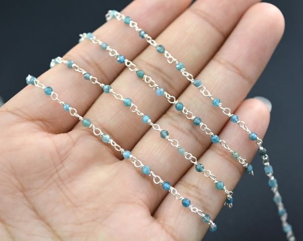  925 Sterling Silver Handmade Round Ball Shape Rosary Chain With Apatite Coated Stone - 2mm, ROS2-5160